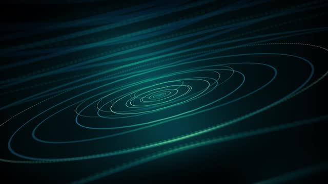 Looping abstract motion graphic of green and blue circles on dark background.