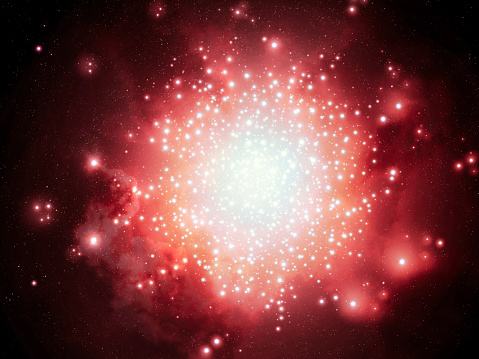 Globular star cluster in space. The birth of stars in the galaxy. Beauty of the universe. Constellation in red tones.