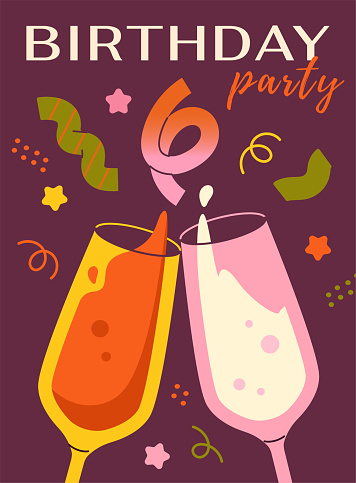 Birthday party poster. Glasses with alcoholic drinks and beverages, sparkles. Holiday and festival, event. Greeting and invitational postcard design. Cartoon flat vector illustration