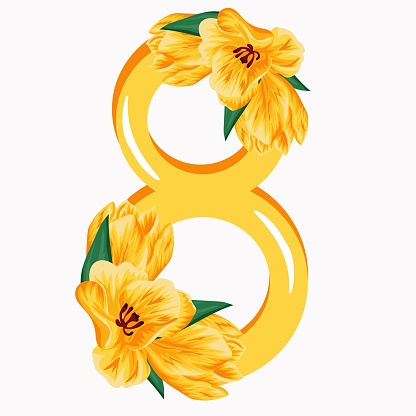 floral, festive design of eight in pink color with yellow tulips that half cover the number, decor for invitations, cards or posters