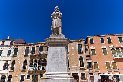 Venice, Italy - September 09th, 2021: A view of the canals and gondolas as the city start to reopen in the centre of Venice during the easing of the corona virus lockdown in the Autumn of 2021 in the centre of Venice, Italy