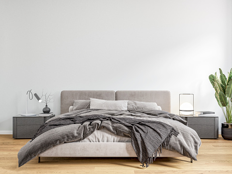 Front view of a luxury bedroom with window and decoration: a double gray textile bed with two night tables and decorations ( books, a vase with dry flowers, night lamps, a potted plant banana leaf) on hardwood floor in front of empty white wall with copy space. A slight vintage effect was added. 3D rendered image.