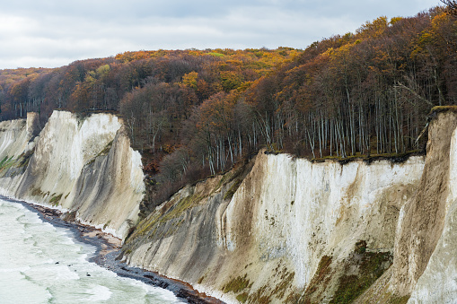 Chalk cliff at the baltic sea in Jasmund National Park on an overcast day in autumn