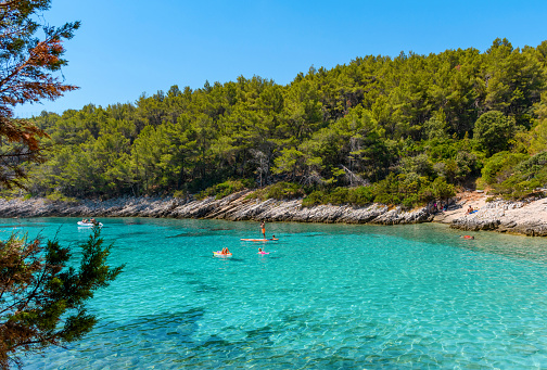 Amazing view of Zitna beach in Zavalatica on Korcula island. Beautiful cove with turquoise water on a sunny day in summer.