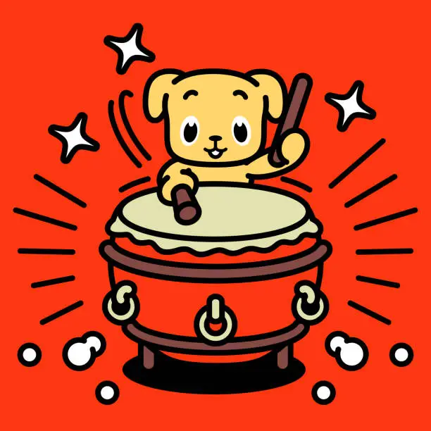 Vector illustration of A cute labrador retriever dog is playing the traditional Chinese drum, Chinese bass drum