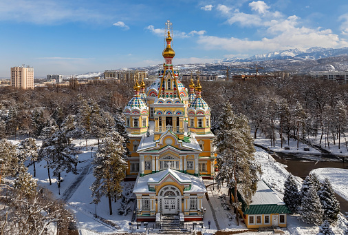 Quadcopter view of the Orthodox wooden Ascension Cathedral built in 1907 in the Kazakh city of Almaty on a winter day