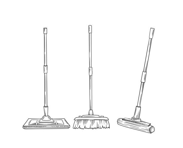 Cleaning tool vector linear Cleaning tool linear. Set of brooms from dust for home. Cleanliness and hygiene. Household chores and routine. Poster or banner. Outline flat vector illustration isolated on white background drawing of a cleaner stock illustrations