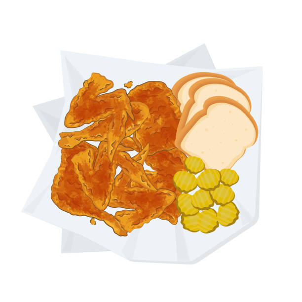 Nashville Hot Chicken with Bread and Pickles Vector illustration Nashville Hot Chicken with Bread and Pickles shredded chicken stock illustrations