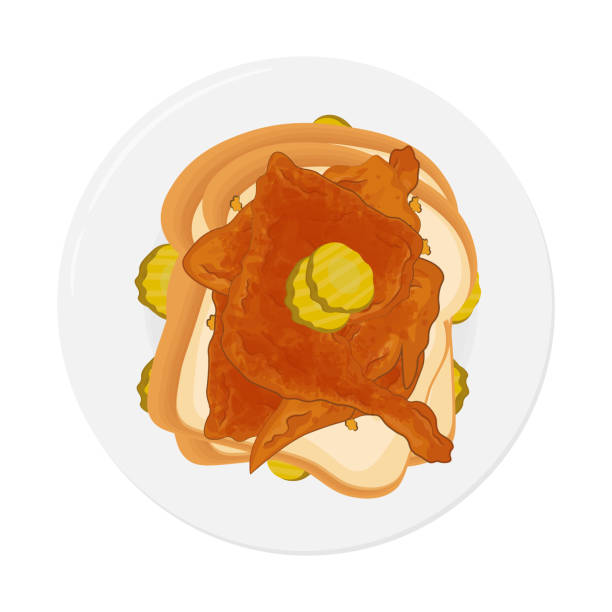 Top view sandwich Nashville Hot Chicken Vector illustration top view Nashville Hot Chicken with Bread and Pickles shredded chicken stock illustrations