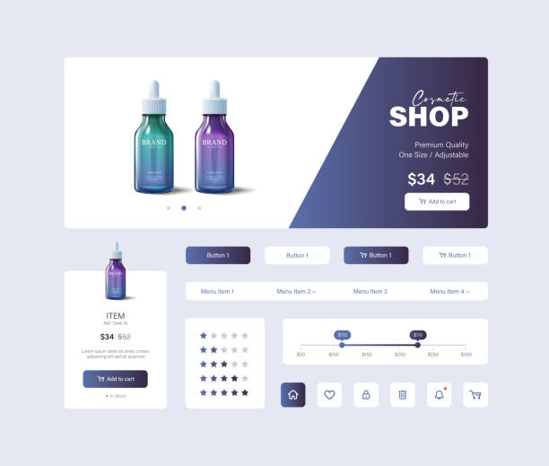 istock Cosmetic user interface, experience. Aesthetic shopping app UI design in blue and purple tones, 3d illustration 1979838134