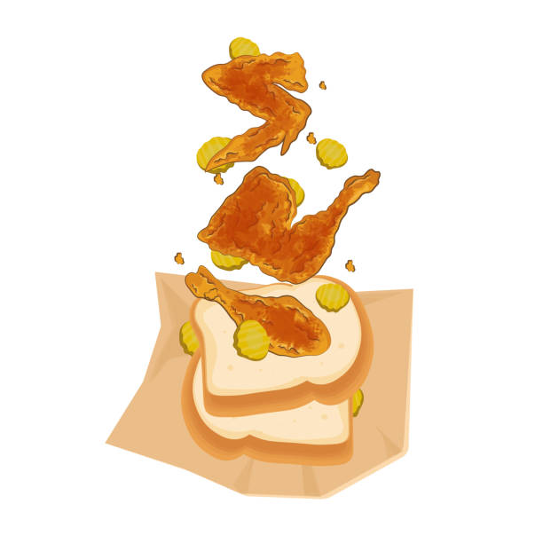 Nashville Hot Chicken levitation Vector illustration levitation Nashville Hot Chicken with Bread and Pickles shredded chicken stock illustrations