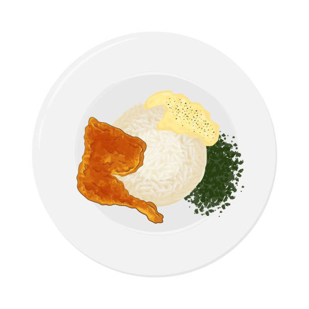 Top view chicken Nashville with rice Top view Nashville hot chicken or chicken Nashville on a plate shredded chicken stock illustrations