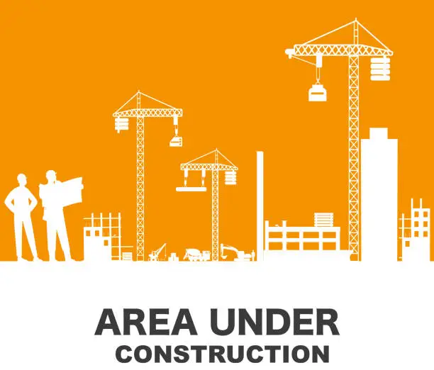 Vector illustration of White silhouette of a construction on an orange background. Under construction vector