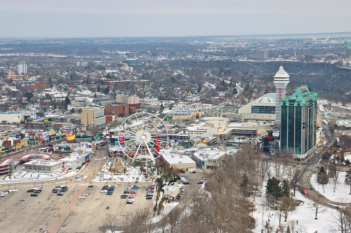 Niagara Falls, Canada - March 2nd 2023: High-angle view of Niagara Falls cityscape