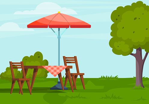 Cartoon Color Furniture for Picnic Concept Served Table and Chairs, Umbrella Flat Design Style. Vector illustration of Outdoor Party