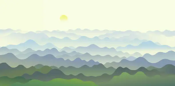 Vector illustration of Hilly landscape with a panoramic format of mountain ranges.