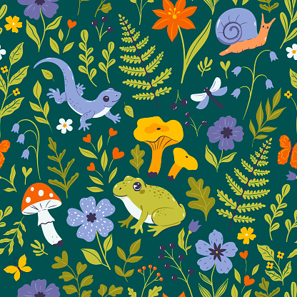 Seamless pattern of forest flora and fauna. Vector image.