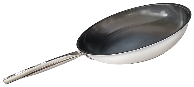 New, modern, 28 cm large heavy duty non-stick Stainless Steel frying pan, with black double coated ceramic inner surface and chrome handle, isolated on white background, side view.