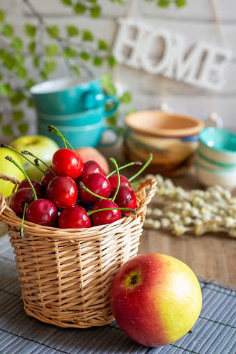 Fruits on a table with kitchen decoration