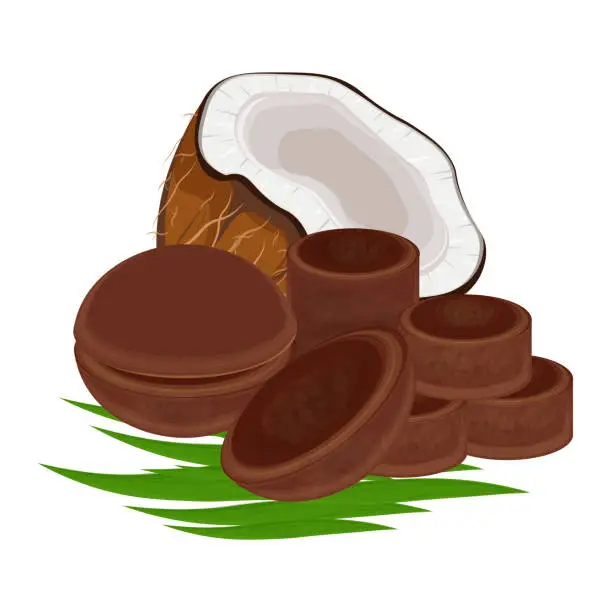 Vector illustration of Sweet Brown sugar or Javanese sugar gula jawa Jaggery with coconuts