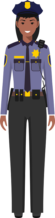 Standing African American Policewoman Officer in Traditional Uniform Character Icon in Flat Style.