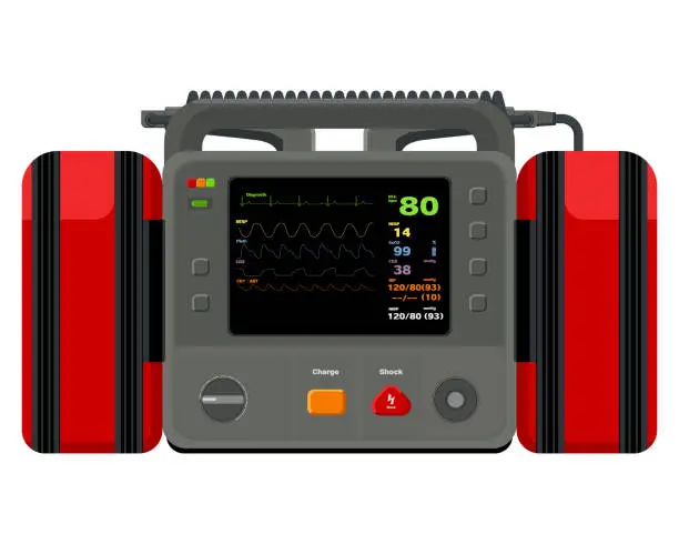 Vector illustration of Defibrillators, medical devices They are used to treating sudden cardiac arrest, condition in which the heart stops beating suddenly unexpectedly. Emergency medical equipment. Flat design.