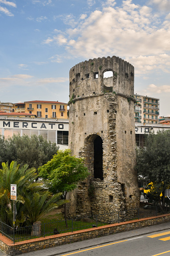 Sanremo, Imperia, Liguria, Italy - 01 02 2024: The tower of Ciapela, located at the foot of the Pigna, the old historic center of Sanremo, was one of the most important fortifications to defend the coastal city from attacks by Saracen pirates.