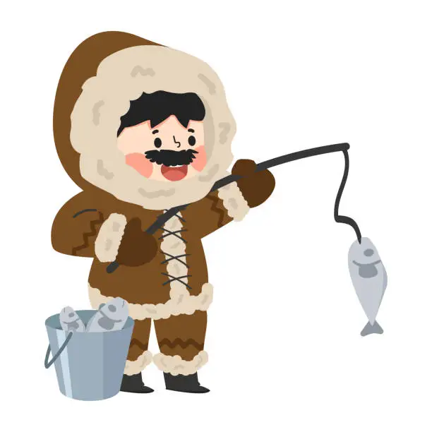 Vector illustration of Man eskimo with fish catch cartoon