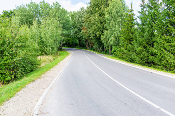 istock Empty Asphalt winding curve road in a green forest.Landscape with empty asphalt road through woodland in summer day. 1979993864