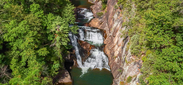 Three tiers of waterfalls shot on the gorge floor at Tallulah Gorge State Park in Tallulah Falls, Georgia.