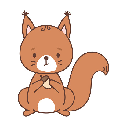 Cute squirrel holding an acorn. Cute animals in kawaii style. Drawings for children. Isolated vector illustration