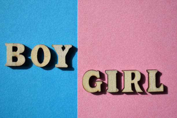 男の子、女の子、コピースペース付きの青とピンクの単語