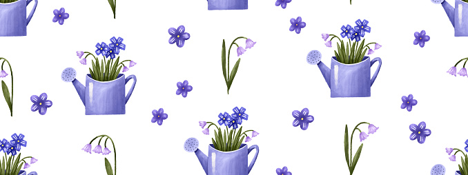 Seamless pattern with forget-me-nots and lilies of the valley. A beautiful lush bouquet in a watering can. Hand drawn illustration. suitable for wrapping paper, wallpaper, decoration. Pattern on isolated background