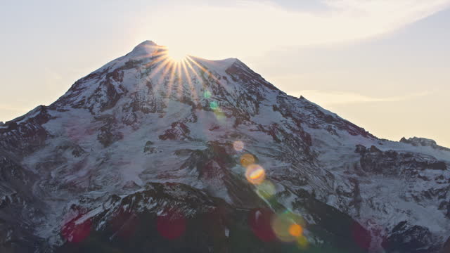 AERIAL Sunlit top of Mount Rainier, Washington