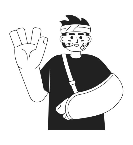 Bandage wrapped man cheerful with arm sling black and white cartoon flat illustration Bandage wrapped man cheerful with arm sling black and white cartoon flat illustration. Upbeat asian man vulcan greeting linear 2D character isolated. Happy accident monochromatic scene vector image vulcan salute stock illustrations