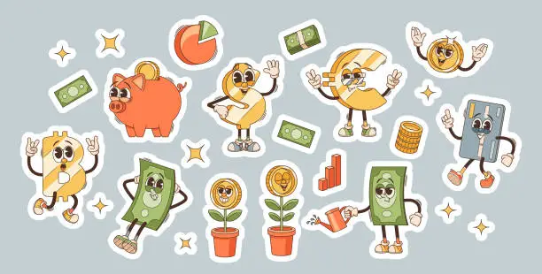 Vector illustration of Funky Business Retro Cartoon Characters Stickers Set. Money Flower, Piggy Bank and Credit Card, Euro, Dollar or Bitcoin