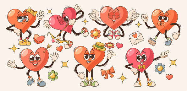 Vibrant, Retro Cartoon Groovy Hearts Valentine Day Characters Exude Love And Positivity With Its Whimsical Design, Bright Colors, And Funky Mood, Capturing The Spirit Of The 70s. Vector Illustration