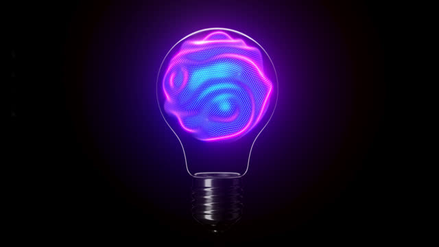 Neon glowing 3D sphere with moving waving pixelated surface inside the light bulb on black background. Abstract concept of artificial intelligence, machine learning thinking or idea generation in AI