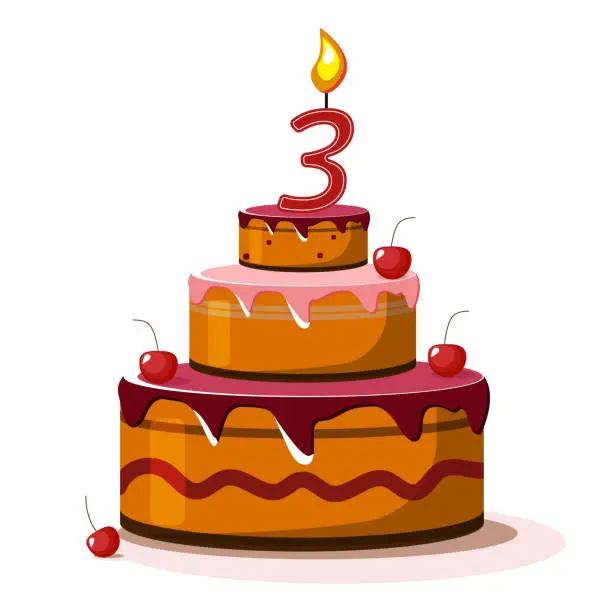 Vector illustration of Three year cake. Vector birthday cake. Holiday cake with candle.  Big cherry cake on white background.Three  year old baby.