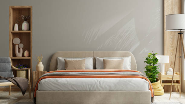 Bedroom wall mockup,Cozy dark grey bedroom interior background