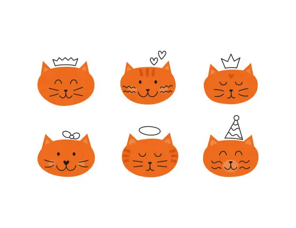 Vector illustration of Set of cute ginger cat faces with outline doodles.