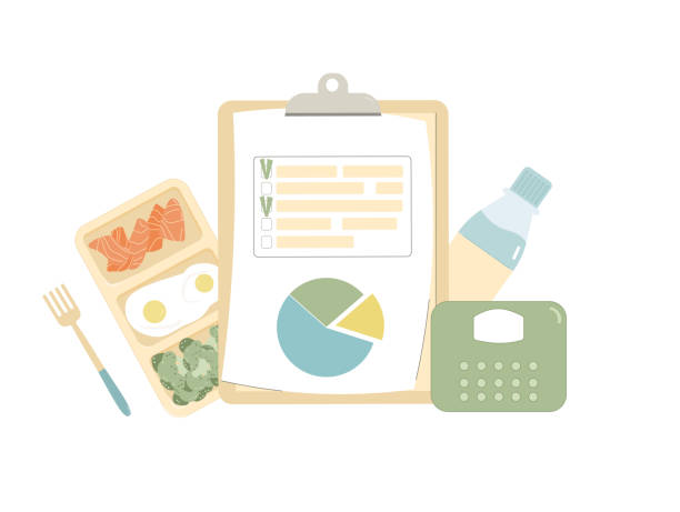 istock Diet plan program. Nutrient calories counting and ratio of protein, carbohydrates and fat. Healthy lifestyle tracking planer. Weight loss control. Vector flat illustration isolated on white background 1980068473