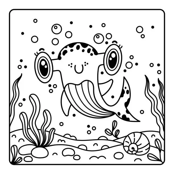 Vector illustration of Baby hammerhead shark, coloring book for kids. Cute friendly fish smiling. A predatory underwater animal on the seabed among seaweed, shells, bubbles. Page for relax, study. Black outline on white