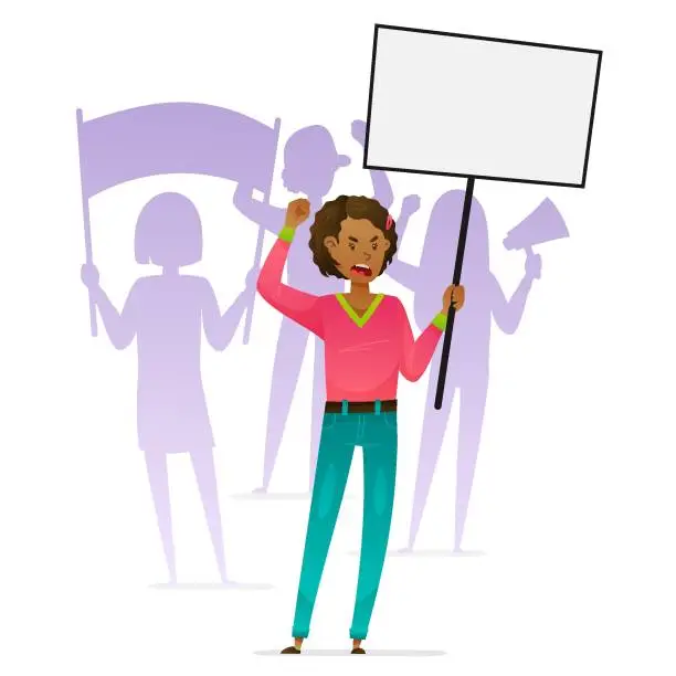Vector illustration of Young girl, standing and protesting with placard for women's rights isolated on white background. Demonstration. Vector illustration for postcard, banner, web, advertising, article, design, art