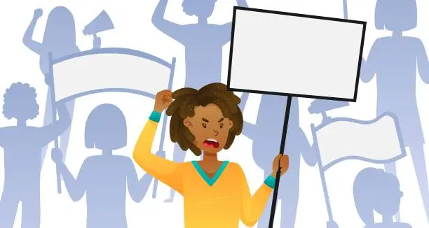 Vector illustration of Young girl, standing and protesting with placard with crowd on white background. Protest, demonstration. Vector illustration for postcard, banner, web, advertising, article, design, art