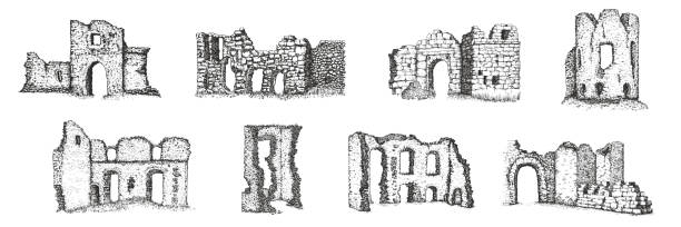 Set hand draw sketches ancient ruins stone castle or building in monochrome engraving style. Vector illustration.