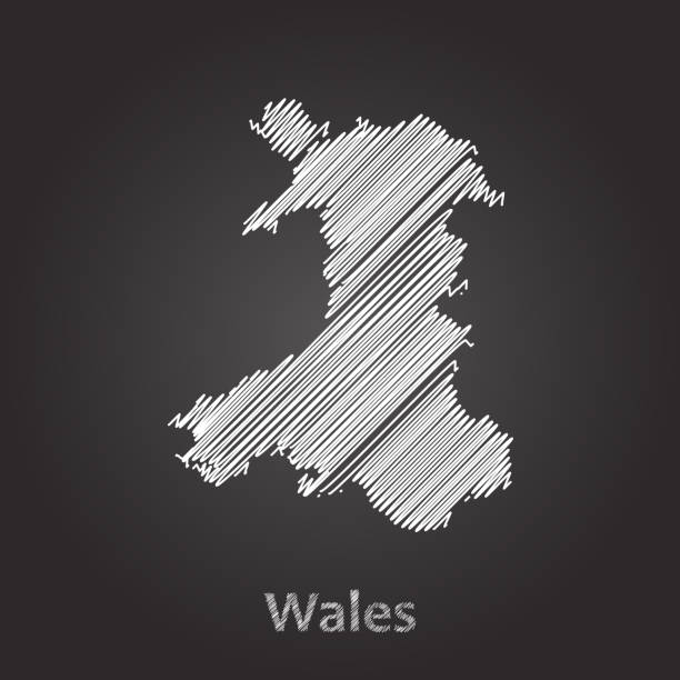 黒い背景にウェールズの地図手描きの白い落書きスケッチ。ベクトル図eps10 - wales cardiff map welsh flag点のイラスト素材／クリップアート素材／マンガ素材／アイコン素材