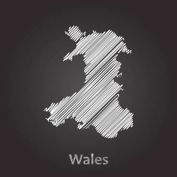 Vector illustration of Wales Map hand drawn white scribble sketch on black background. Vector illustration Eps10
