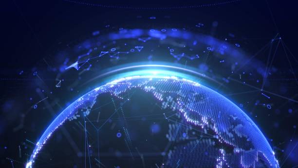 istock Abstract digital realistic of 3d rendering earth with data low poly number, flare ring, futuristic line illustration background. Concept of global business and technology. 1980152673