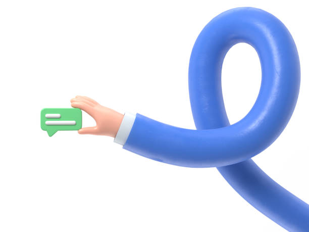 istock Cartoon Gesture Icon Mockup.3d hand holding chat bubble icon. Message in fingers,communication concept,3D rendering on white background.long arms concept. 1980155354